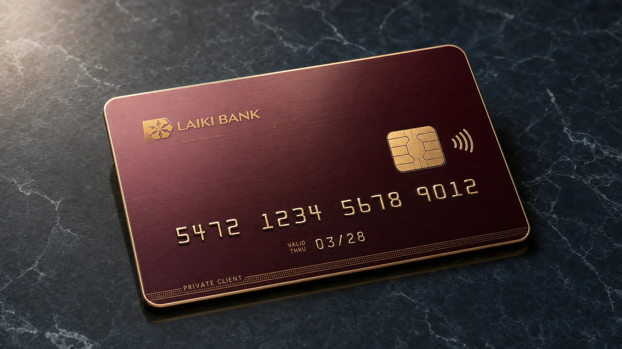 Photorealistic Laiki Bank Private burgundy metal debit and credit card with a prominent gold official bank logo